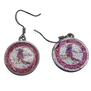 Cardinal Red Glitter Disc Earrings Sparkly Silver Tone Dangle 0.75"